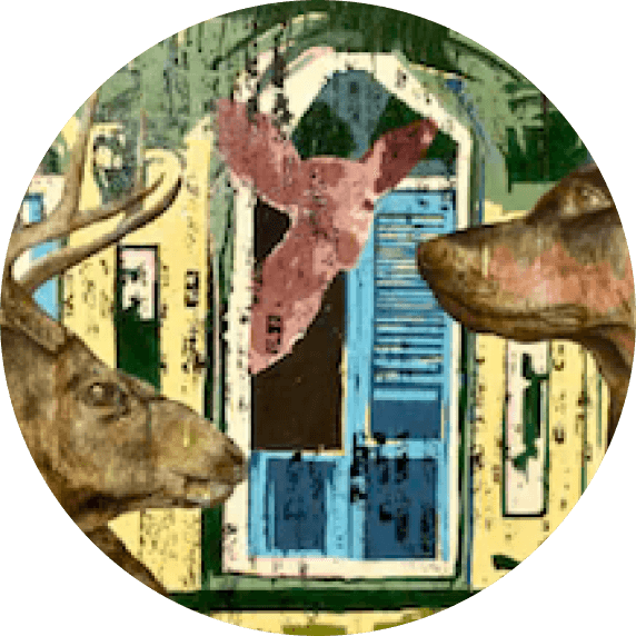 Abstract artwork with deer heads and a geometric background