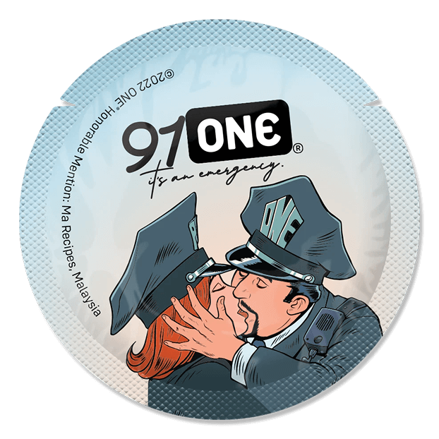 911 ONE emergency services packaging with illustration of a police officer and a person in a graduation cap.