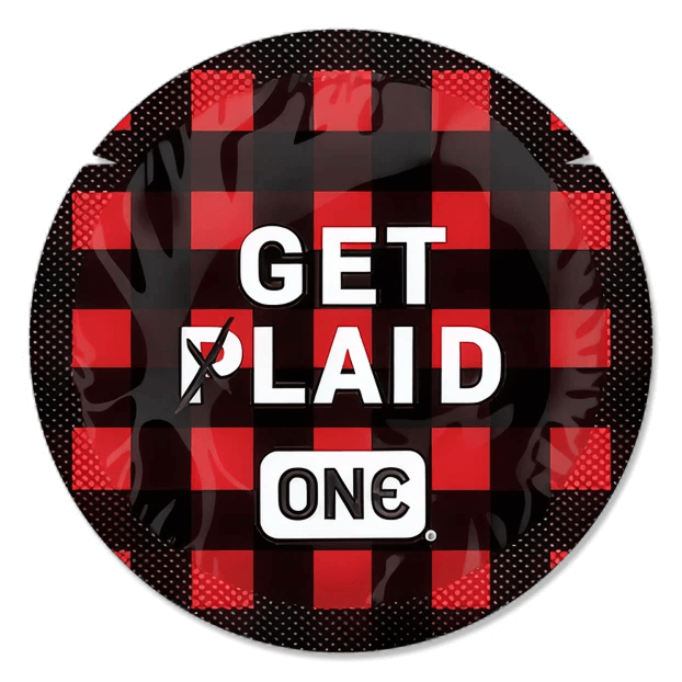 Circular sticker with red and black checkered pattern and text 'GET PLAID ONE' on a dark background.