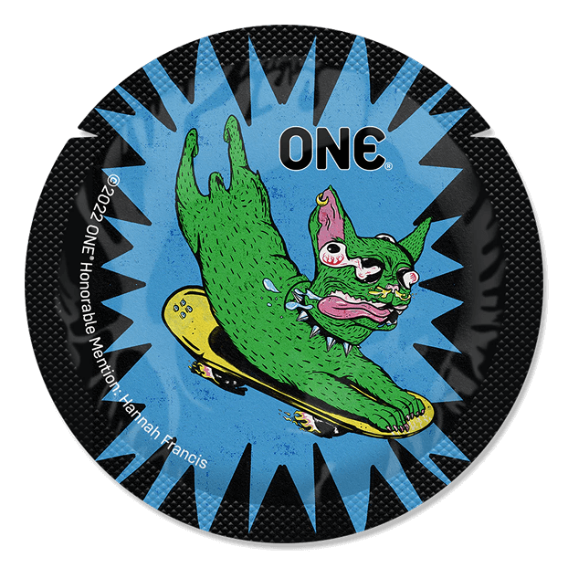 Circular product with green creature on a skateboard, branded 'ONE', on a black background