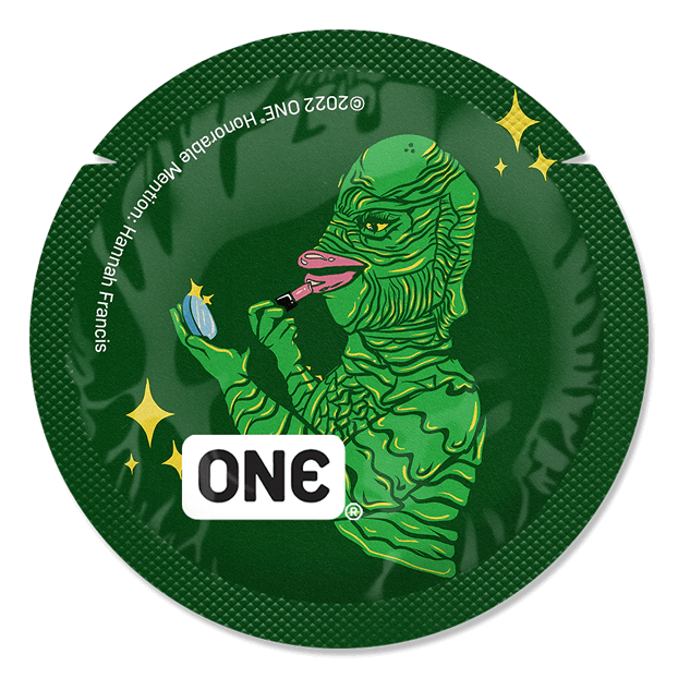 Green container with a cartoonish lizard character holding a blue object, featuring the 'ONE' brand.