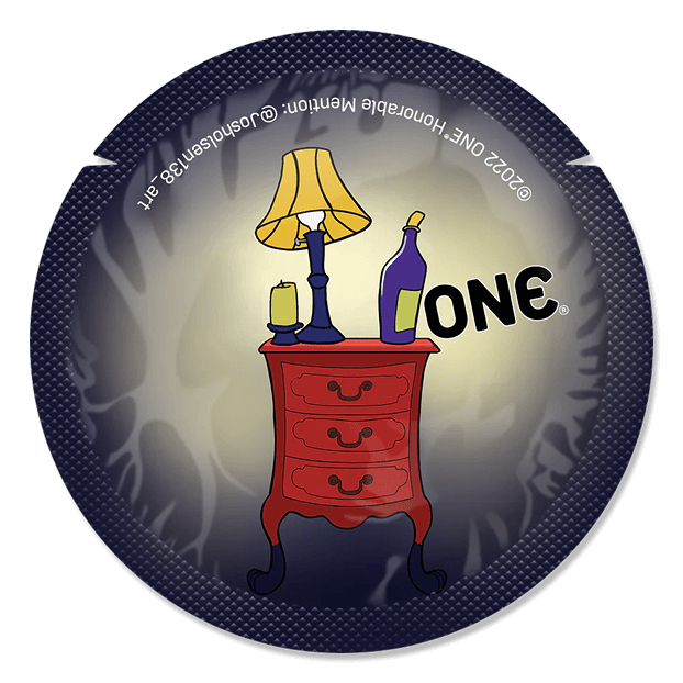 Illustration of a red dresser with a lamp, bottle, and candle on a dark background with 'ONE' text.