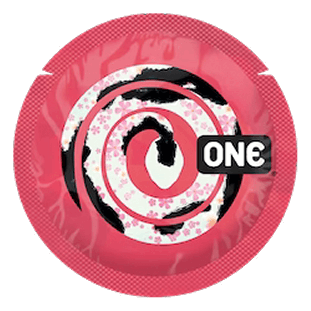 Condom package with 'O' brand logo on a pink background