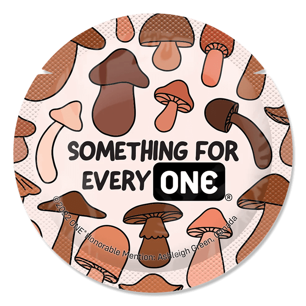 Circular product packaging with mushroom illustrations and 'Something for Every One' text.