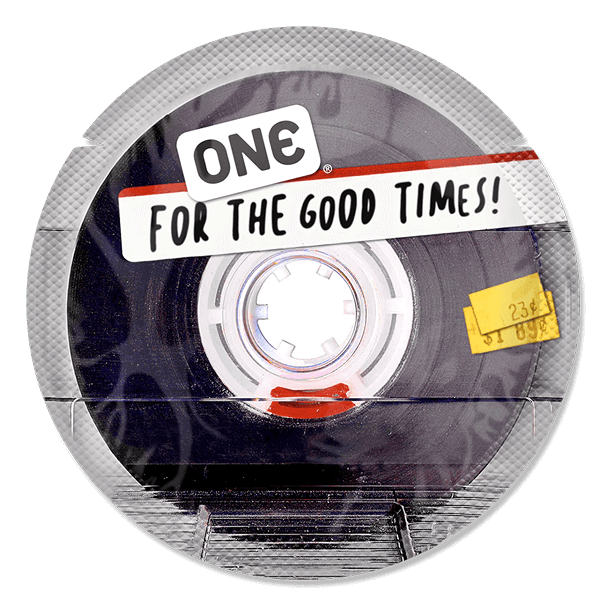 Condom package with 'ONE FOR THE GOOD TIMES!' text on a black background