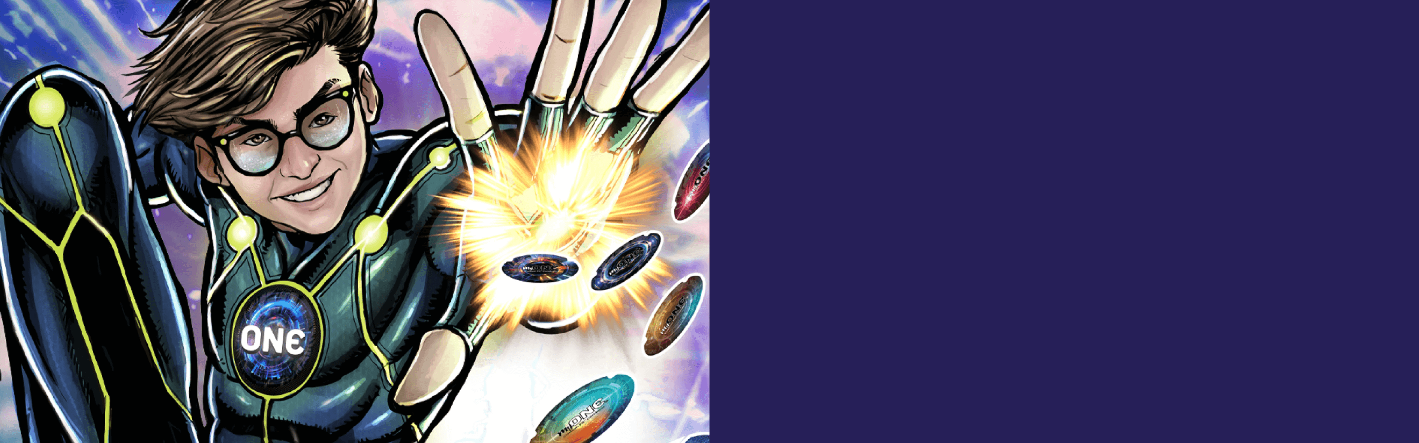 cartoon boy superhero with blue background