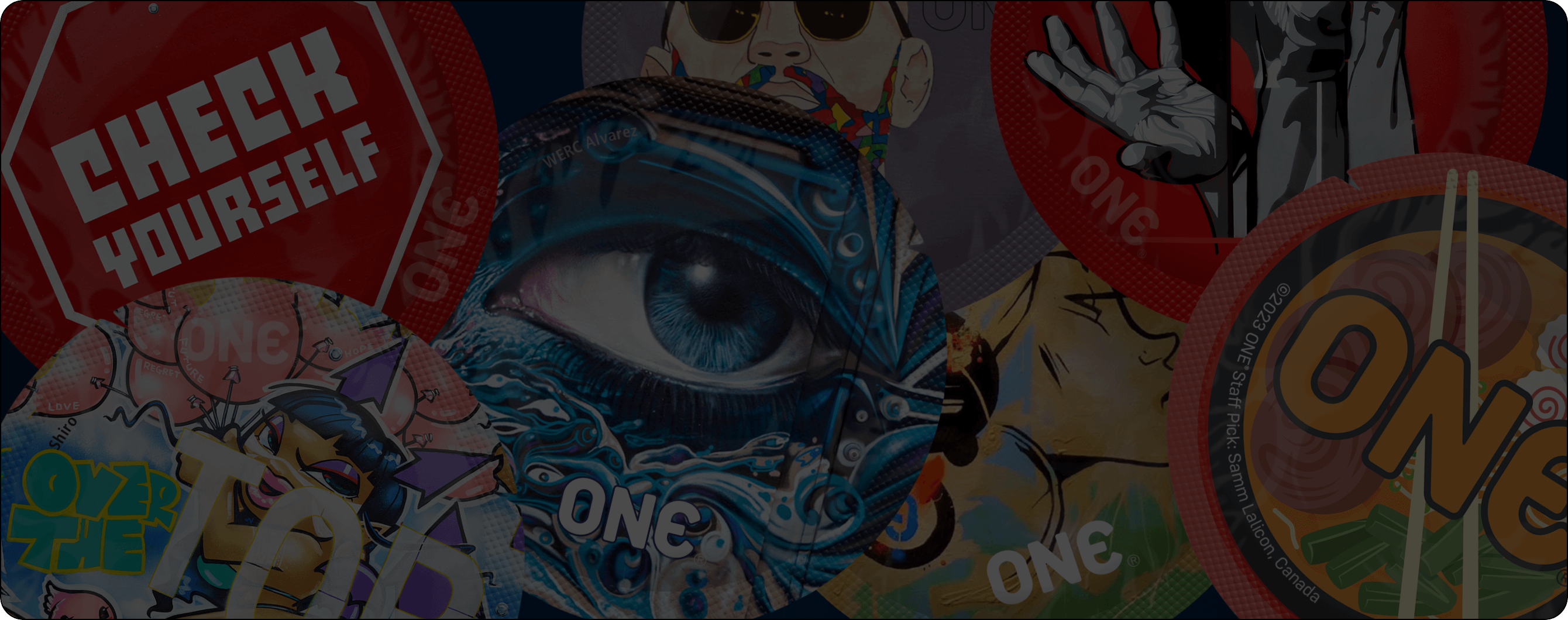 Collage of graphic designs with eye and text elements, featuring the brand 'ONE'.