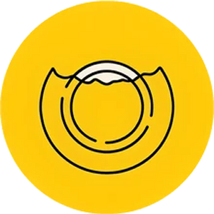 Circular logo with a black outline on a yellow background