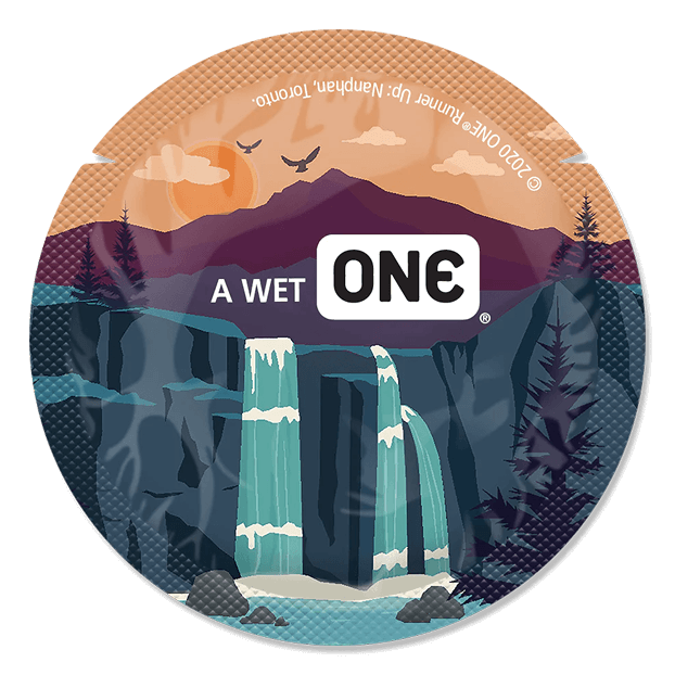 Circular product label with nature-themed design and 'A Wet One' branding.