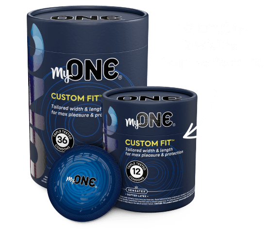 Two blue cylindrical containers labeled 'myONE' with text about product features on a white background.