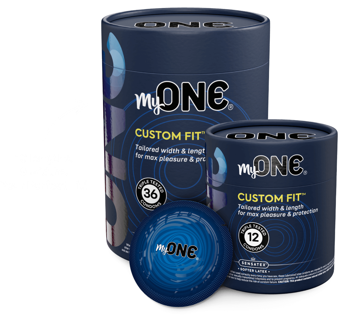 Two blue containers labeled 'myONE Custom Fit' on a white background
