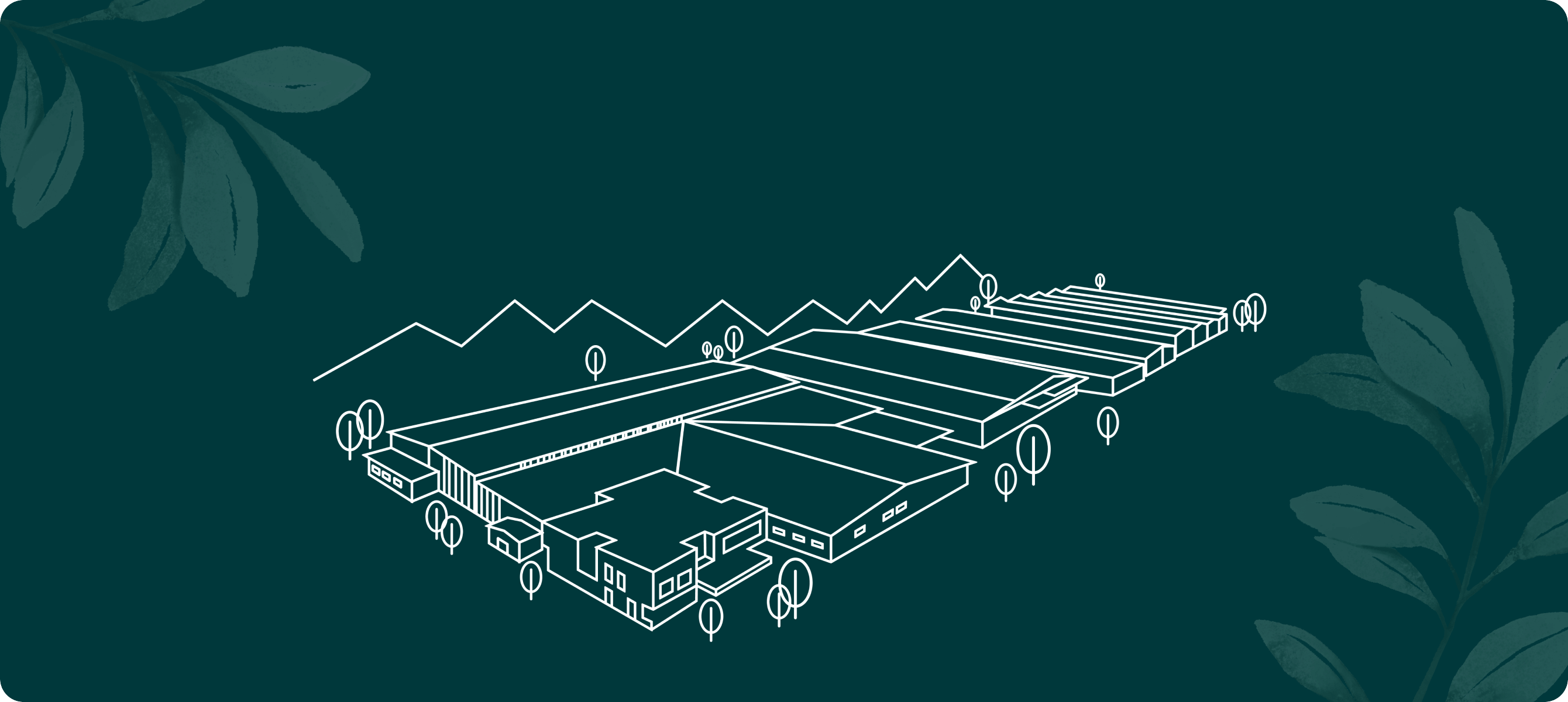 Outline of a building complex with trees on a dark green background