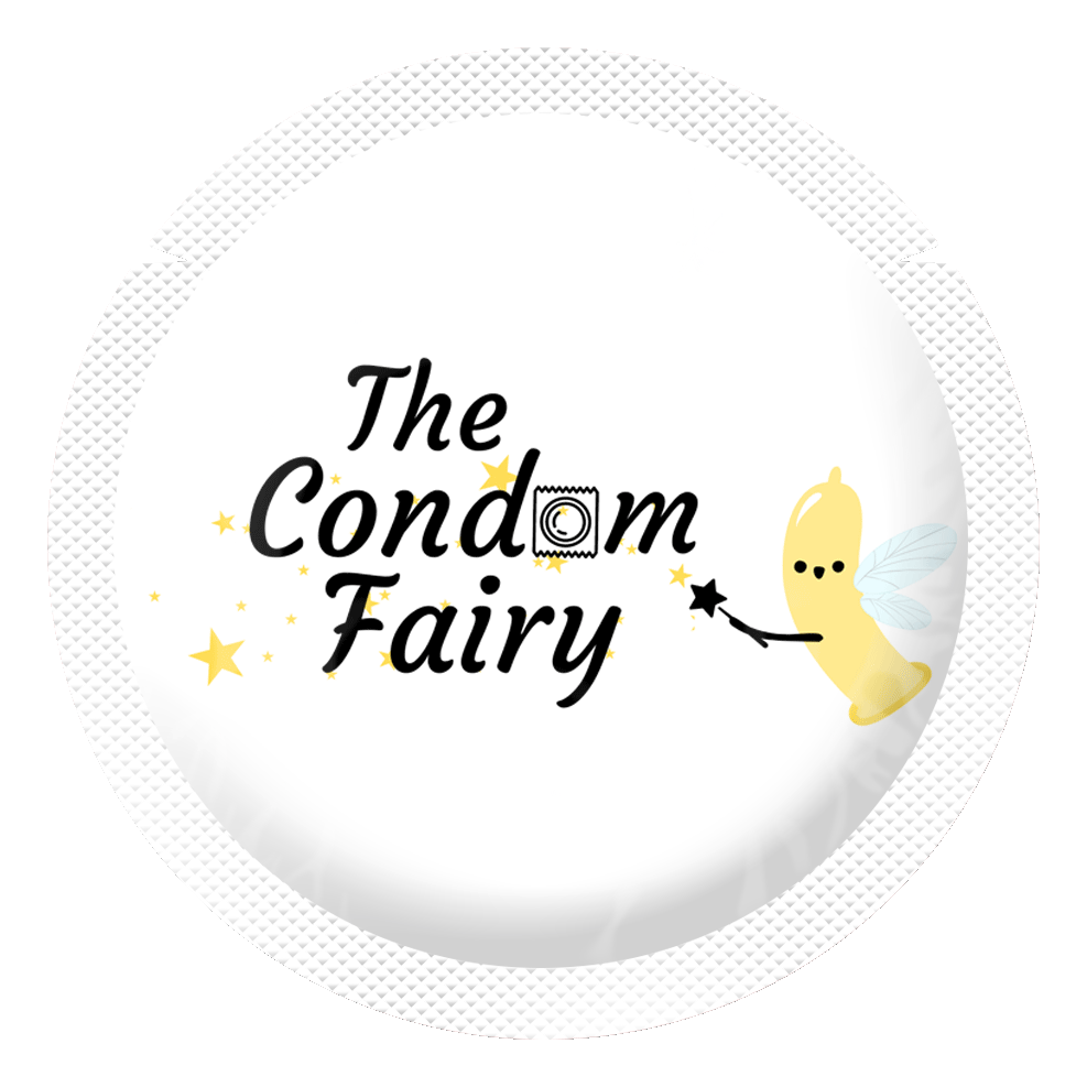 A round ONE Condom wrapper that is white with a condom fairy cartoon and text that says THE CONDOM FAIRY