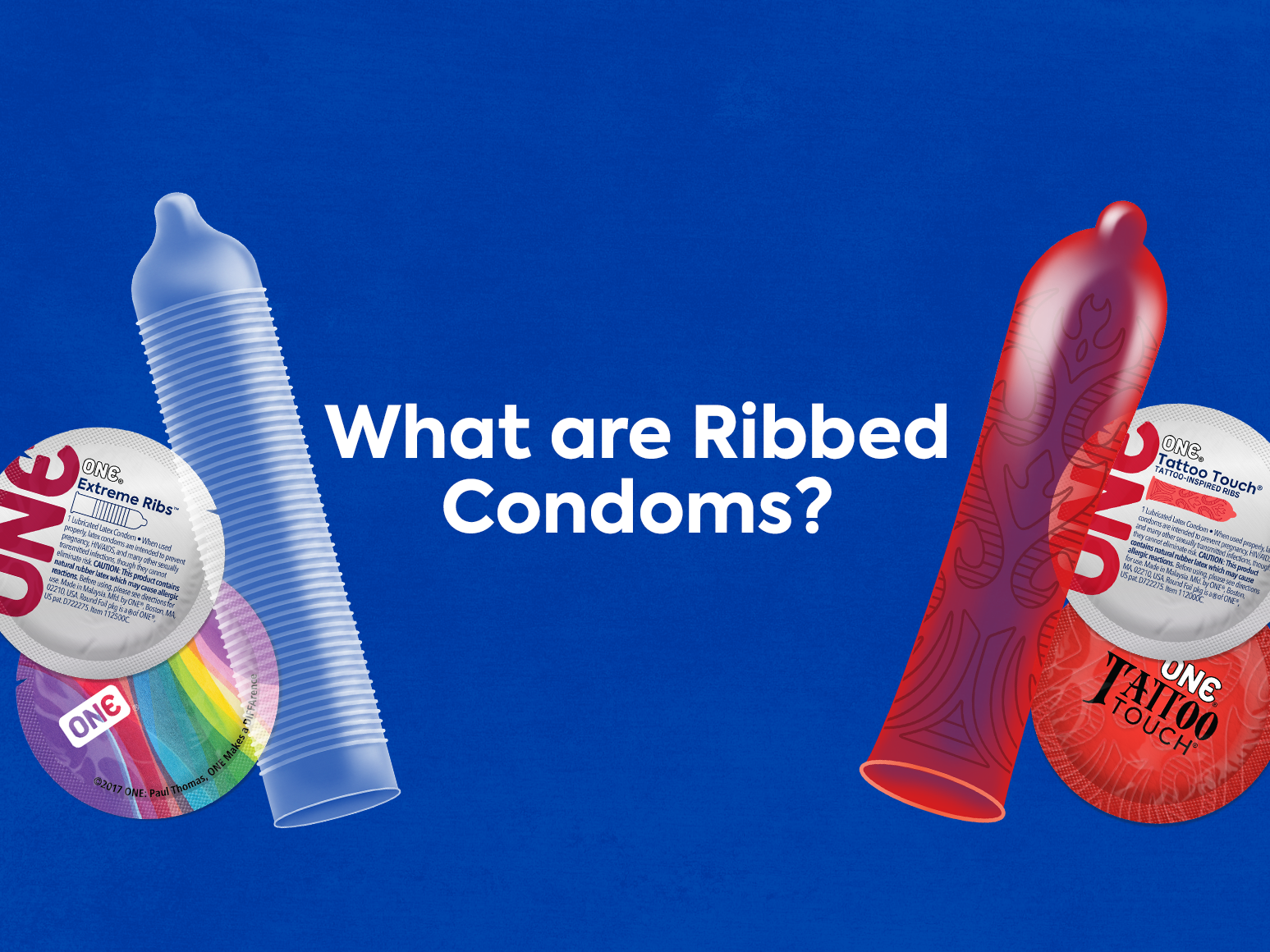Blog cover that says "What are Ribbed Condoms?" with image of ONE® Extreme Ribs™ and ONE® Tattoo Touch®