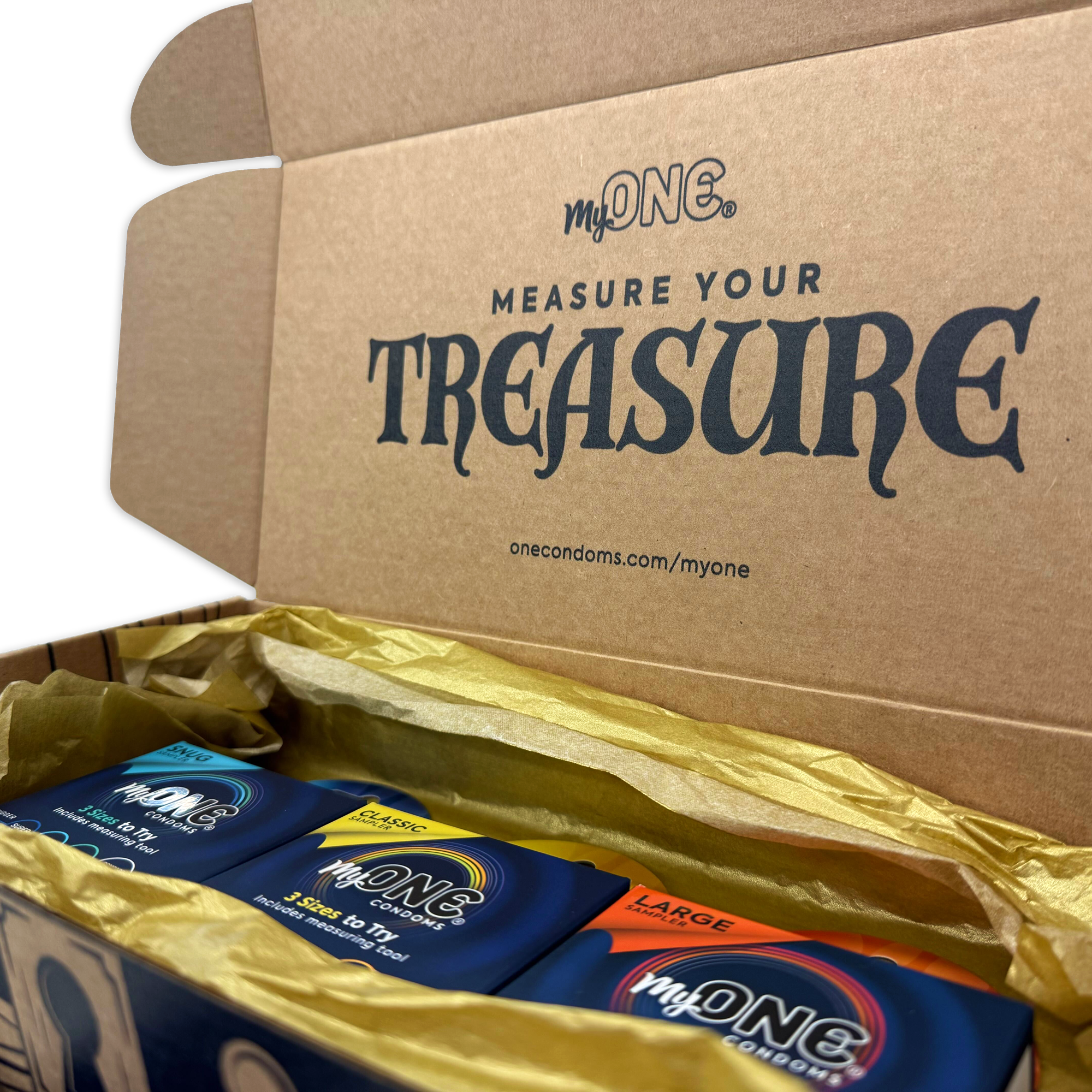 Image of Measure Your Treasure box. Three MyONE Quick Sampler inside a cardboard box with gold gift paper. 