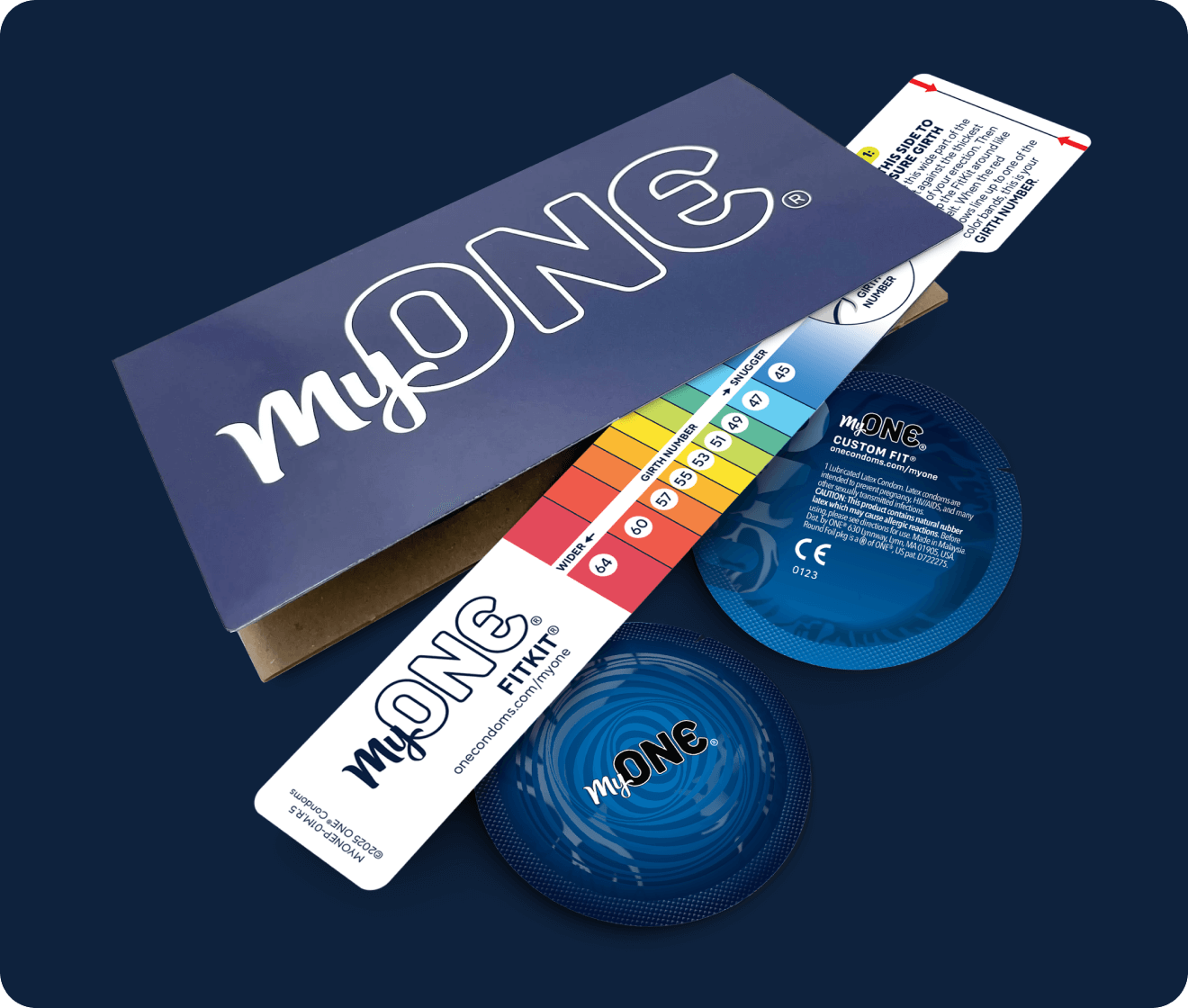 MyONE fit kit with condom wrappers and a blue background