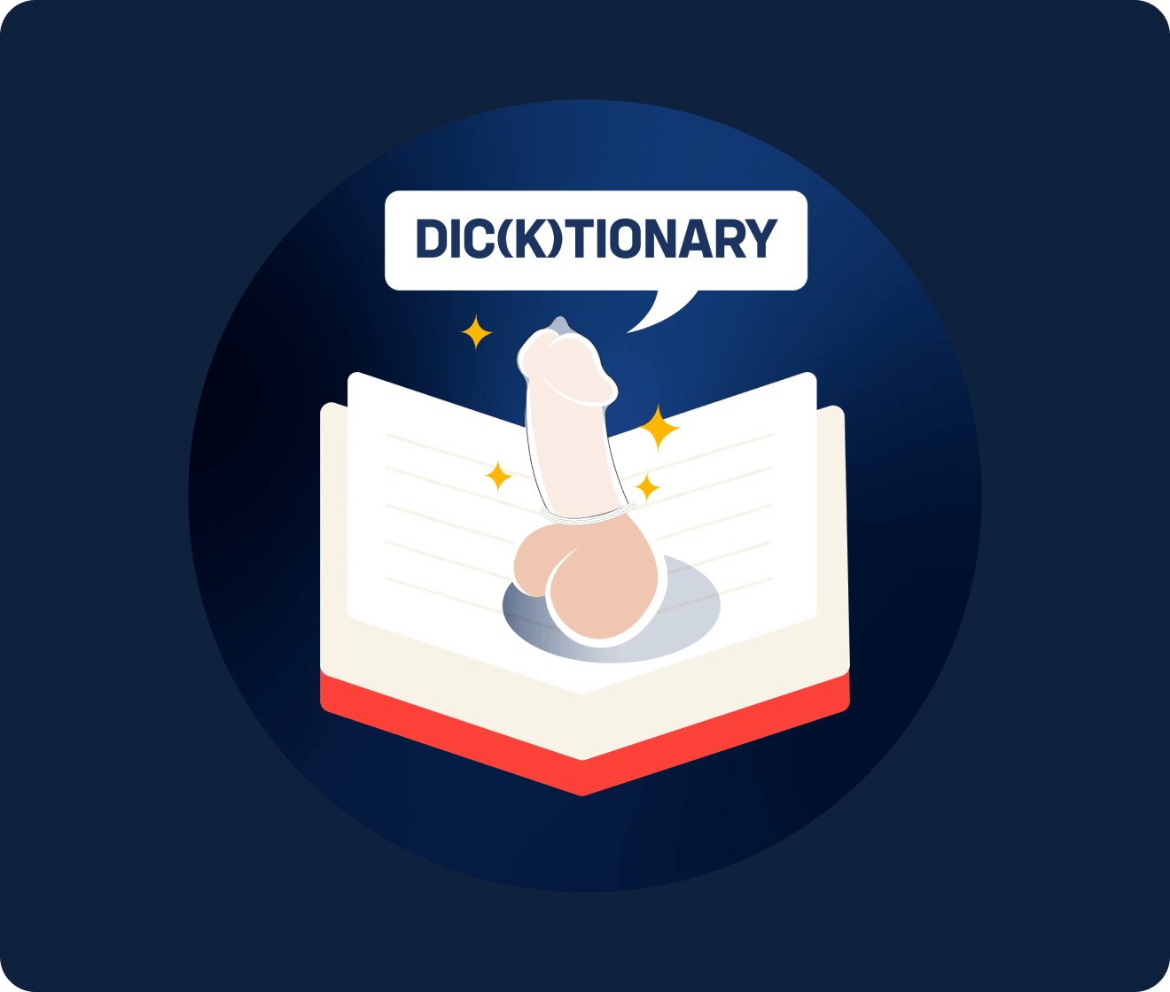 dicktionary text bubble coming out of a penis with a condom over a book