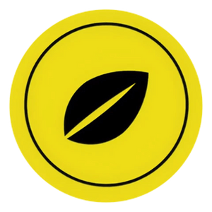 Yellow circle with a black leaf symbol on a white background