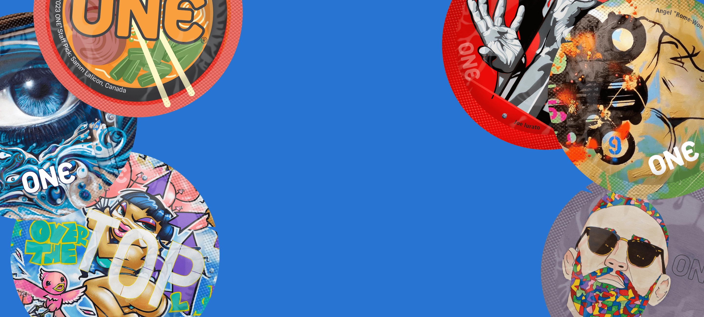 Colorful buttons with various designs and text on a blue background