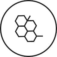 Hexagonal molecular structure icon within a circular border